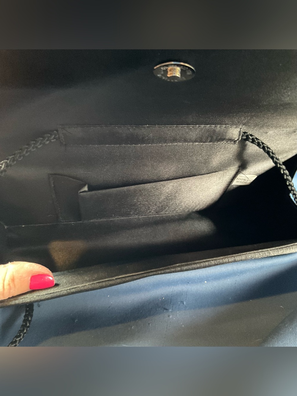 Black Satin Evening Clutch Purse Rhinestone Accent long Strap wedding Classic - Picture 4 of 8